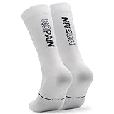 NORTEI Calcetines Ciclismo Altos Deportivos Hombre y Mujer - Calcetines Running Triatlón Gimnasio Crossfit - Acolchados, Transpirables, Sin Costuras, Compresivos y Ligeros (L-XL, Blanco)