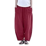 Pantalones Mujer Comodos Verano Pantalón Largo Algodón y Lino Transpirable Pantalones Rectos con Bolsillos y Cordón Moda Suelto Bolsillo Rectos Pants for Women Smocked Elastic Cintura