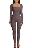 Adisputent Mono de Yoga para Mujer Sexy Manga Larga con Cuello Cuadrado Mameluco de una Pieza Control de Barriga Traje de Fotness Deportivo Entrenamiento para Mujer Chica Tawny,S