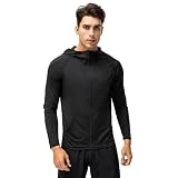 OWLKAY Men Jacket Slim Fit Fitness Training Men Sport Jacket Zipper Placket Men Casual Quick-Drying Light Jacket Gym Outdoor Running Workout Men Hood Sweat Jacket B-Black XL