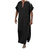 Beokeuioe Camisón con cuello en V para hombre caftán lateral dividido manga corta túnica de algodón con bolsillos vestido largo túnicas de Arabia Saudita vestidos turcos túnica hombres ropa de