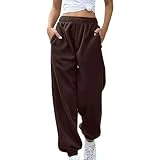 Pantalones de chándal para mujer, holgados, lisos, informales, ligeros, informales, pantalones de chándal de cintura alta, cintura elástica, tela con cordón, pantalones largos informales, holgados,