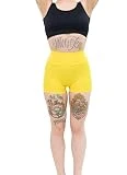 BeSinz Pantalones cortos de ciclismo de cintura alta y ajuste súper elástico para mujer | Leggings cortos opacos | Pantalones cortos para yoga, correr, fitness, pilates, amarillo, L