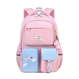 zeizafa Mochila para niños, linda mochila escolar ligera para estudiantes de primaria, mujeres, mochila de viaje con colgante, rosa, Size reference picture