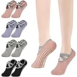 flintronic 4 Pcs Calcetines Pilates Yoga, Pilates Calcetines Antideslizantes, Mujer Yoga Fitness Antideslizantes Calcetines, con Asas y Correas, para Pilates, Danza, Fitness
