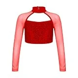 dPois Crop Top de Danza Ballet para Niña Camiseta Manga Larga con Lentejuelas Brillantes Top Manga Larga de Yoga Gimnasia Disfraz Bailarina Niña Rojo 9-10 años