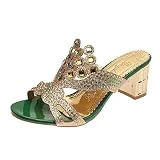 Sandalias para mujer, tacón grueso, tacón alto, boca de pez, casual, bohemio, zapatos de playa, con diamantes de imitación, sandalias deportivas para mujer, puntera cerrada, Green, 38 EU