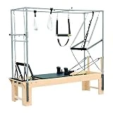 ELINA PILATES Cadillac Reformer de Madera - Gris, 8 Muelles de Diferente Resistencia, 2 Barras de Deslizamiento, Torre de Acero Inoxidable, 3 Set de Agarraderas Acolchadas,