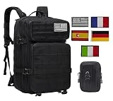 SusggO Mochila Militar Tactica 45L 5 Banderas, Gran Capacidad Impermeable Mochila escolar para Viaje Crossfit senderismo trekking camping deportes aire libre gimnasio (NEGRO MOCHILA+BOLSA)