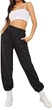 Prettymake Pantalones deportivos casuales para mujer, pantalones italianos, pantalones de correr, cintura elástica, pantalones elásticos con bolsillos, Negro, M-L