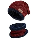 Gorro de Invierno para Hombre y Mujer de Lapily con Bufanda, Gorro de Punto térmico Forrado, Gorro de Lana para Hombre, Gorro Cortavientos, Gorro de esquí cálido con Visera A_Rojo Vino. Talla única