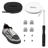TIESOME 2 pares de cordones sin atar, cordones elásticos de 100 cm, sin atar, cordones elásticos planos con destornillador de bloqueo de metal para corredores, niños y ancianos, negro blanco