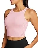 QUEENIEKE Sujetador deportivo de línea larga para mujer, cuello alto, camiseta sin mangas para gimnasio, soporte medio, chaleco de yoga integrado, Rosa orquídea, XS