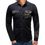 BADJAS Camisa de Solapa para Hombre Tendencia de Moda Empalme Bloqueo de Color Personalidad Guapo Lavado Camisa Informal desgastada Top M