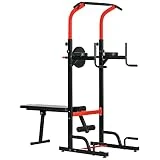 HOMCOM Multiestación Máquina de Musculación Multifuncional Plegable con Banco Acolchado Altura Ajustable en 6 Niveles Acero 94x174x180-230 cm Negro y Rojo