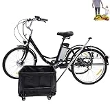 Triciclo eléctrico para Adultos,Bicicleta de 3 Ruedas,batería de Litio,Scooter para Ancianos de 24Pulgadas, Viene con Cesta Trasera ampliada para Salidas de Compras Bicicleta eléctrica, Negro, 24inch