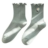 LANCHEN Mujeres Niñas Daisy Calcetines de Tobillo con Bordado Floral Volantes Medias de Tubo Medio acanaladas