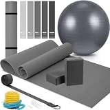 El kit de iniciación de yoga de 10 piezas incluye esterilla de yoga con correa de transporte, 2 bloques de yoga, correa de yoga, pelota de pilates de yoga, 5 bandas de resistencia con bomba de aire,
