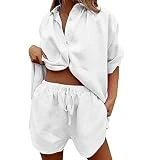 Mujer Casual 2 piezas Chándal suelto con botones blusas camiseta top alta cintura elástica pantalones cortos set loungewear verano trajes pantalones de ciclismo térmicos hombre, Blanco, M