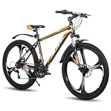 Hiland - Bicicleta de montaña de 26 pulgadas con marco de aluminio, freno de disco, horquilla de suspensión, 3 ruedas de radios, para jóvenes, hombres, mujeres, color negro y naranja