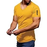 Tops Deportivos y Casuales de Verano de Manga Corta con Cuello en V para Hombre de Color sólido Informal a la de Verano para Hombre Blusa Superior Camiseta (Yellow, XL)