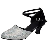 Zapatos de baile de tacón medio, zapatos de baile para mujer con lentejuelas, moda para mujer bailando rumba, sandalias para bailar de negocios, puntera envolvente suela suave zapatos de baile