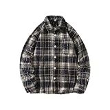 OCCOKO Chaqueta camisera de lana a cuadros de manga larga para hombre Camisa de chaqueta vintage gruesa de manga larga con solapa de invierno de tamaño para hombre (Black, XXXXXL)