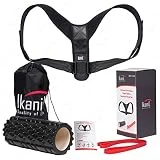 Ikanil 3 en 1 Corrector de Espalda Kit para Hombre y Mujer, Corrector de Postura, Foam Roller - Rodillo Masaje Muscular y Bandas Elasticas Musculacion, FItness, Rulo Pilates, Yoga, Ejercicio en Casa