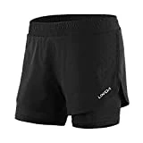 Lixada Pantalones cortos transpirables para correr 2 en 1 activos y de secado rápido con zapato interior más largo Grande Negro