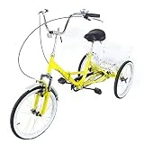 Triciclo de 20 pulgadas, 3 ruedas de triciclo bicicleta con lámpara y cesta de 1 velocidades crucero bicicleta amarilla para personas mayores, niñas, niños, hombres y mujeres