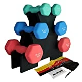 TACKLY Kit de Mancuernas de Neopreno 1kg / 2kg / 3kg + Cintas elásticas musculación Fitness y Soporte - Juego de 3 Pesas y Mancuernas Gimnasio en casa - Set Deporte Entrenamiento Mujer/Hombre