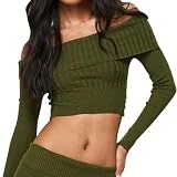 Suéter Corta Ajustada de Manga Larga con Hombros el suéter de Punto Acanalado Camisa Corta Tops (Green, L)
