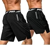 aquota Pack de 2 Pantalones Cortos Deportivos de Hombre, para Entrenamiento, Correr, Tenis, Atléticos, Trotar, 9'& 5', Negro, Large