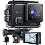 Surfola Cámara Deportiva 4K 30FPS 20MP Cámara WiFi de Video, Videocámara Acuática 40M con Control Remoto y Micrófonos Duales, 2 Baterías, Anti vibración, Juego de Accesorios, Regalo para Niños