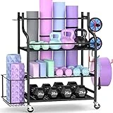 Mythinglogic Estante de Almacenamiento de Yoga Esterilla, Soporte Mancuernas También es Para Guardar Pesas Rusas, Rodillos de Espuma, Soporte Para Mancuernas con Ganchos y Ruedas Negro