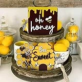 Decoración de bandeja con niveles de abeja, decoración de bandeja con niveles de primavera y verano, cartel de madera de gnomo de abeja, abalorio de colmena, mesa de cocina rústica, decoración de made