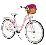Milord Bikes Bicicleta de Confort Rosa de 1 Velocidad y 26 Pulgadas con Cesta y Soporte Trasero, Bicicleta Holandesa, Bicicleta para Mujer, Bicicleta Urbana, Retro, Vintage