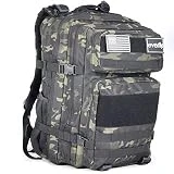 Everfly Mochila Tactica Militar 45L - Para Crossfit Supervivencia Caza Gimnasio Montañismo Airsoft - Oxford 900D - Hombre Mujer - Macuto Velcro Ejercito - 2 Parches Incluidos (Camuflaje Negro)