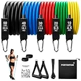 Gomas elasticas musculación Kit 150 lbs de 12 Bandas elasticas para Yoga calistenia Gym Crossfit TRX Pilates Gimnasia en casa - Cintas elasticas musculacion con Tobilleras y Agarre para Puerta