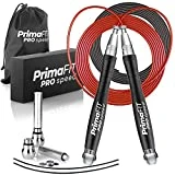 PrimaFIT Pro Speed Cuerda Saltar, Comba Crossfit Hombre y Mujer de Alta Velocidad para Boxeo y Fitness - Mango de Aluminio, Autoajustable, Rodamientos de Rápidos, 2 Lastres, Cable de Repuesto, Bolsa
