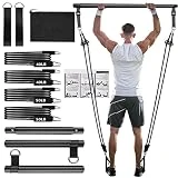 Qicool Juego de barra de pilates ajustable con 4 bandas de resistencia (40 LBSx2 y 50LBSx2) mango de espuma y anclaje para puerta, equipo de fitness portátil para el hogar, yoga, forma, color negro