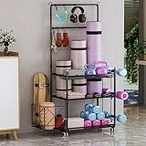Estante de Almacenamiento de Yoga Esterilla, Soporte Mancuernas, Multifuncional Soporte Pesasaplicar para gym en casa, Colchoneta de Yoga, Rodillos de Espuma, Pesas Rusas, con Ganchos Ruedas Bloqueo