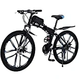 Bicicleta de montaña plegable de 26 pulgadas con doble amortiguación, marco de fibra de carbono con bolsa para bicicleta, frenos de disco, bicicleta de suspensión completa (azul)