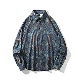 Camisa de Manga Larga para Hombre Diseño de Personalidad con Estampado de Moda Casual Lavado Suelto Casual Cómodo Transpirable Calle Versátil Chaqueta con Solapa S