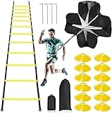 Juego de entrenamiento de agilidad de velocidad profesional, incluye 12 peldaños de 20 pies de escalera de agilidad ajustable con bolsa, 12 conos deportivos, 4 estacas de acero, 1 paracaídas de