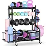 Mythinglogic Soporte Mancuernas, Multifuncional Soporte Pesasaplicar para Colchoneta de yoga, Pesas Rusas, Soporte Para Mancuernas de Acero con Recubrimiento en Polvo con Ruedas y Ganchos