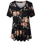 Túnica para mujer, talla grande, casual, transpirable, cuello en V, camisetas de manga corta, blusas con estampado floral, camiseta ligera, camiseta suave, sin botones, túnica para yoga, Negro, XL