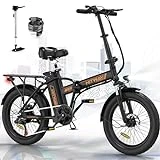 HITWAY Bicicleta eléctrica 20 * 3.0 Bicicleta Montaña Plegable Ebike Fatbike,36V/12Ah Batería, 250W Motor, 7 Vel,E-MTB, Pedal Assist, Alcance 35-90KM, Negro y naranja