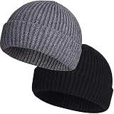 flintronic Gorro Beanie Hat, Gorro con Vuelta, Gorro de Punto para Hombre y Mujer, Beanie de Lana Clásico, Gorro Cálidos de Invierno para Trabajo, Deporte, Bicicleta-2PCS/Negro+Gris