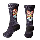 XMTBSTYLE Calcetines de Deporte Largos Coloridos y Divertidos para Ciclismo, Crossfit, Running, Gimnasio, MTB, para hombre y mujer Transpirables. (M (37-41), Lobo)